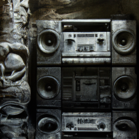 A boombox reflecting the surroundings in a cave, Painting by H.R. Giger, Closeup